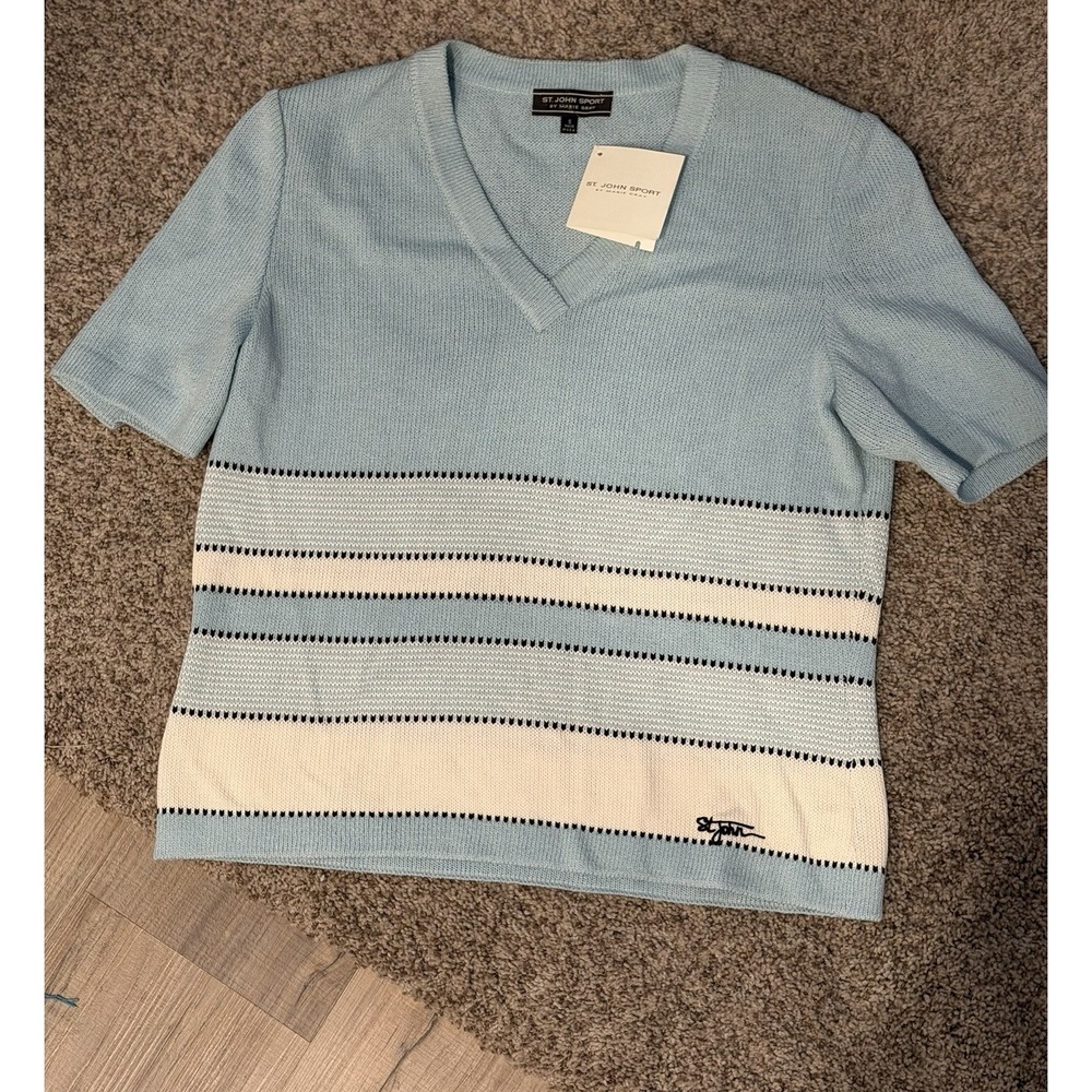 NWT St John Sport Marie Gray Blue Striped Wool V-Neck Sweater Top S $325